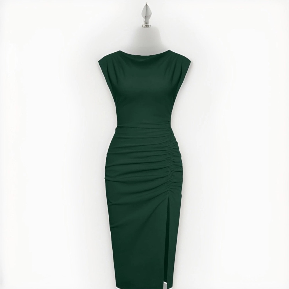Ruched Bodycon Green Midi Dress L